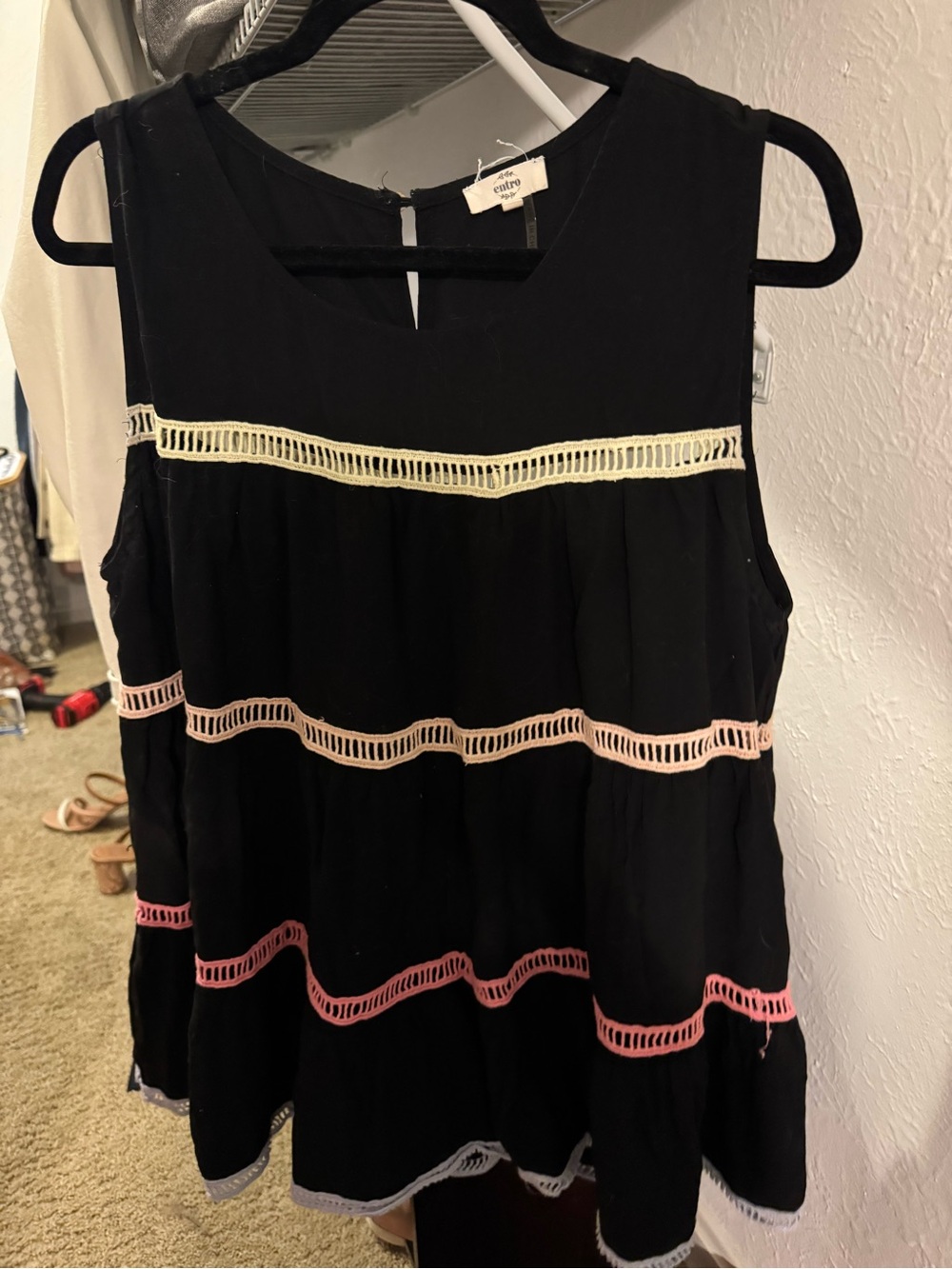 entro Black Tiered Sleeveless Tank with Cream, Pink & Blue Trim